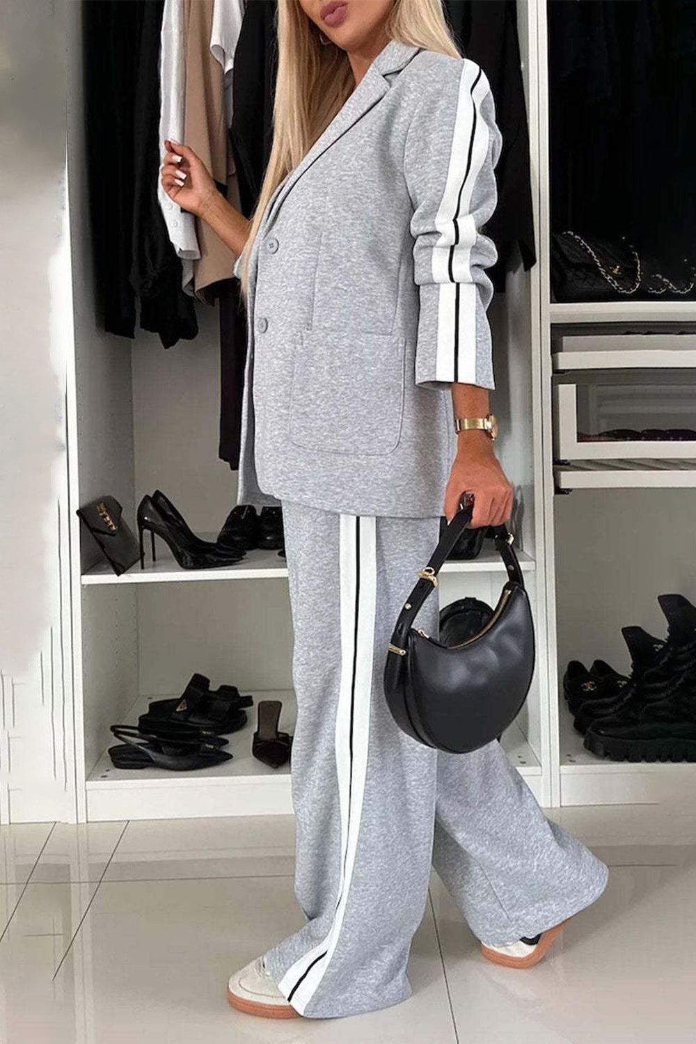 Full Size Contrast Lapel Collar Top and Pants Set for Women