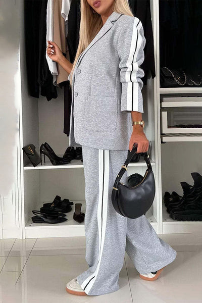 Full Size Contrast Lapel Collar Top and Pants Set for Women