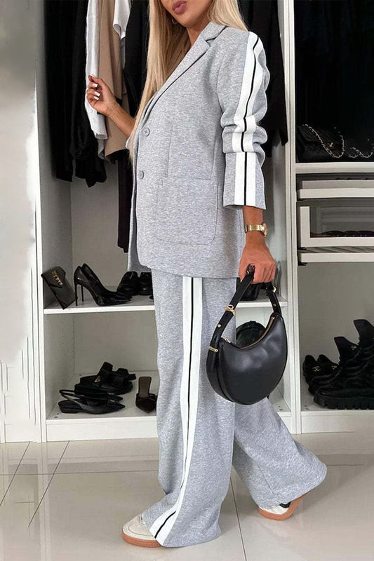 Full Size Contrast Lapel Collar Top and Pants Set for Women