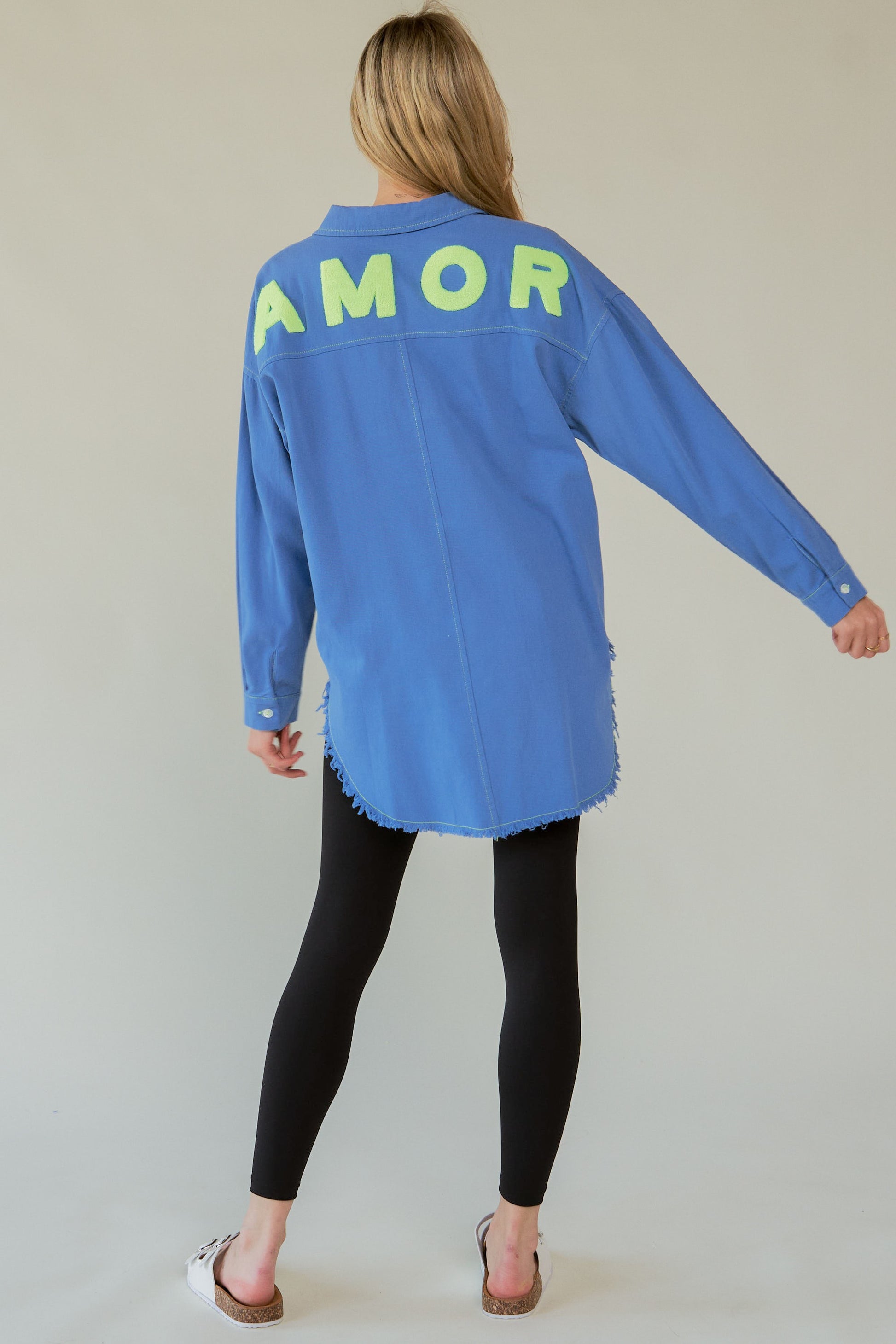 Davi & Dani Letter Back Raw Hem Half Button Shirt Style