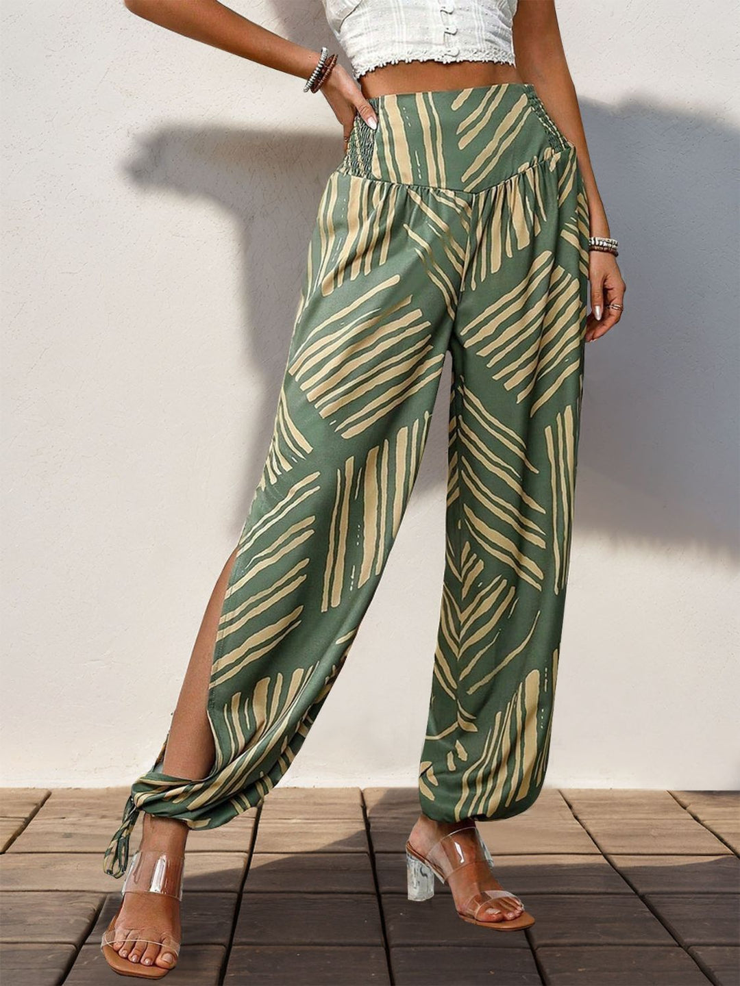 Chic High-Waisted Smocked Slit Print Pants