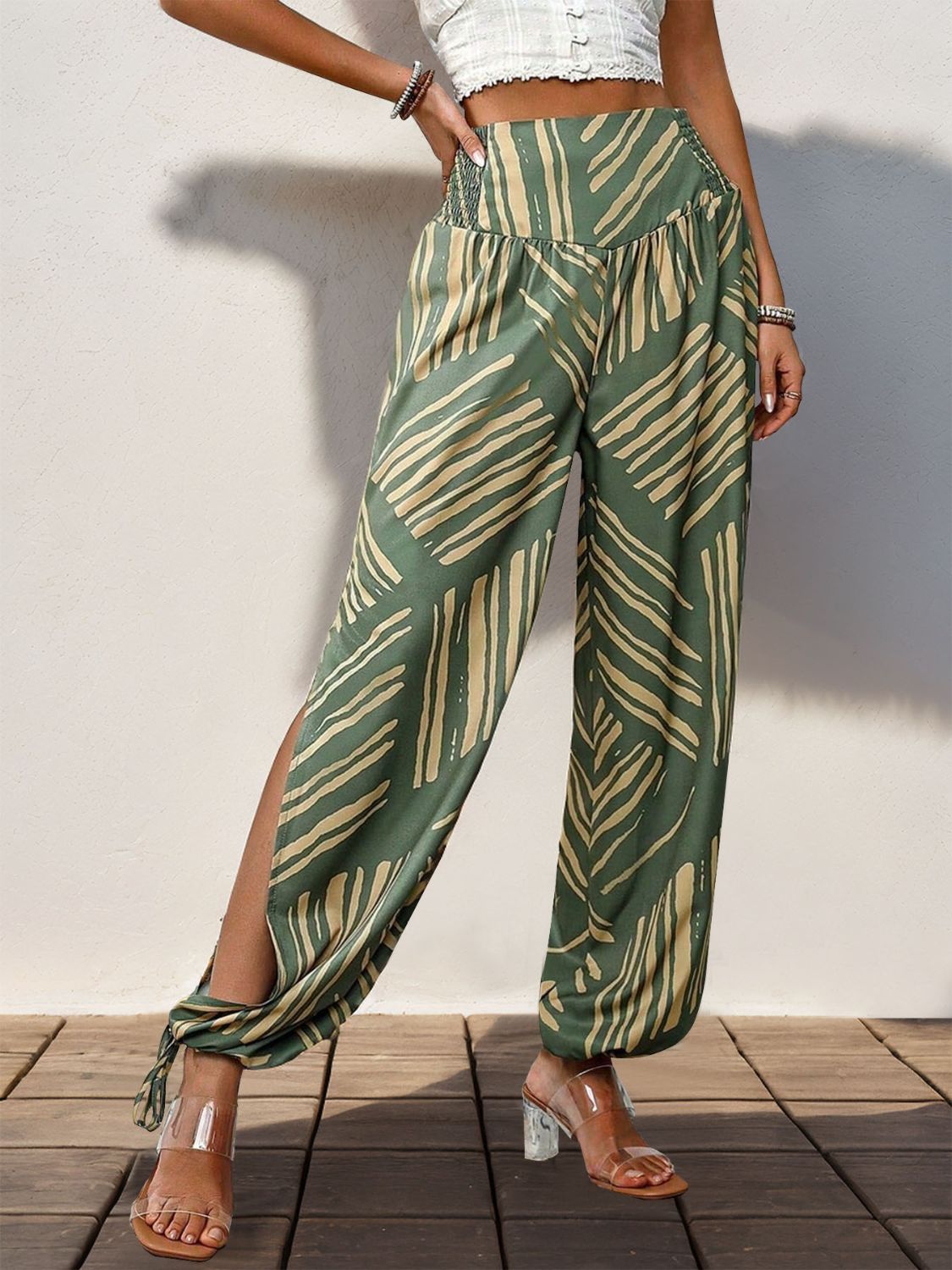 Chic High-Waisted Smocked Slit Print Pants for Women