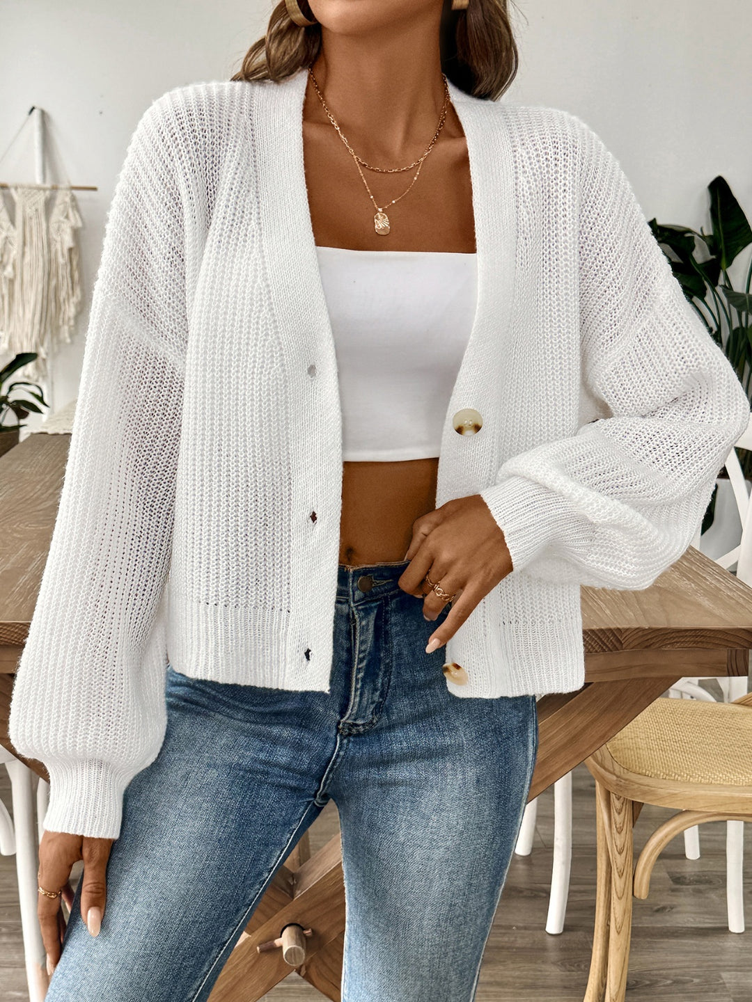 V-Neck Long Sleeve Button-Up Cardigan