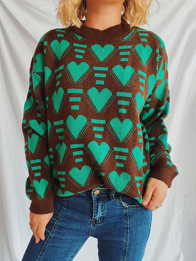 Charming Heart Contrast Oversized Sweater for Cozy Style
