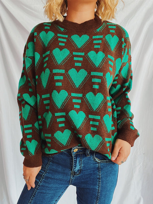 Charming Heart Contrast Oversized Sweater for Cozy Style