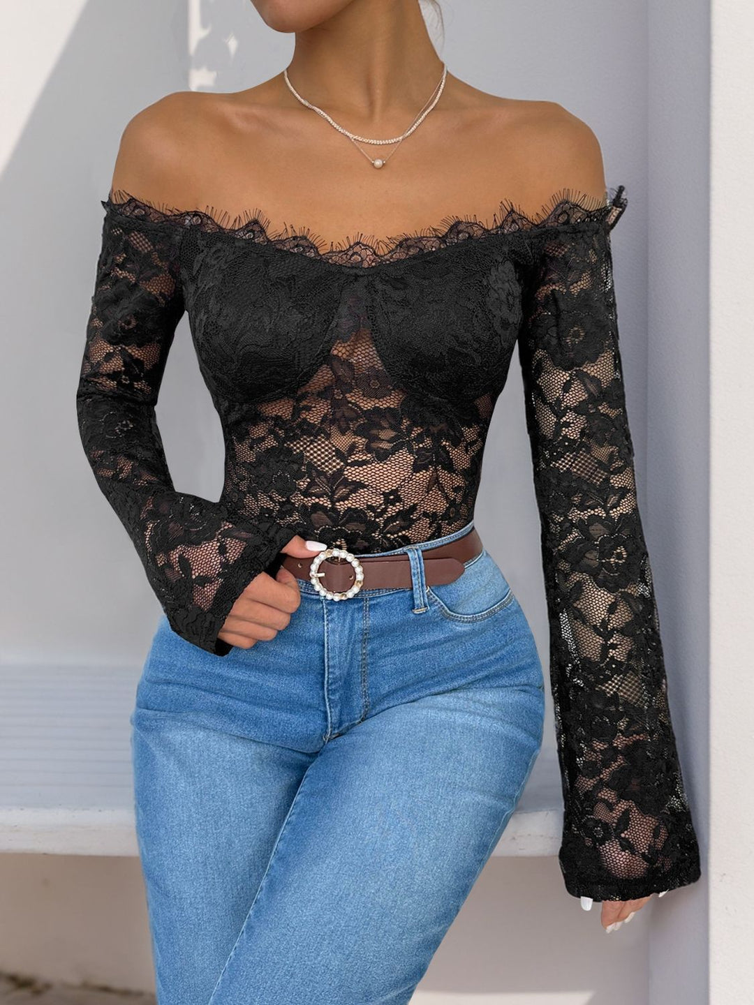 Chic Off-Shoulder Lace Long Sleeve Bodysuit by Perfee