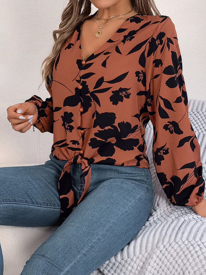 Elegant Printed Long Sleeve V-Neck Blouse