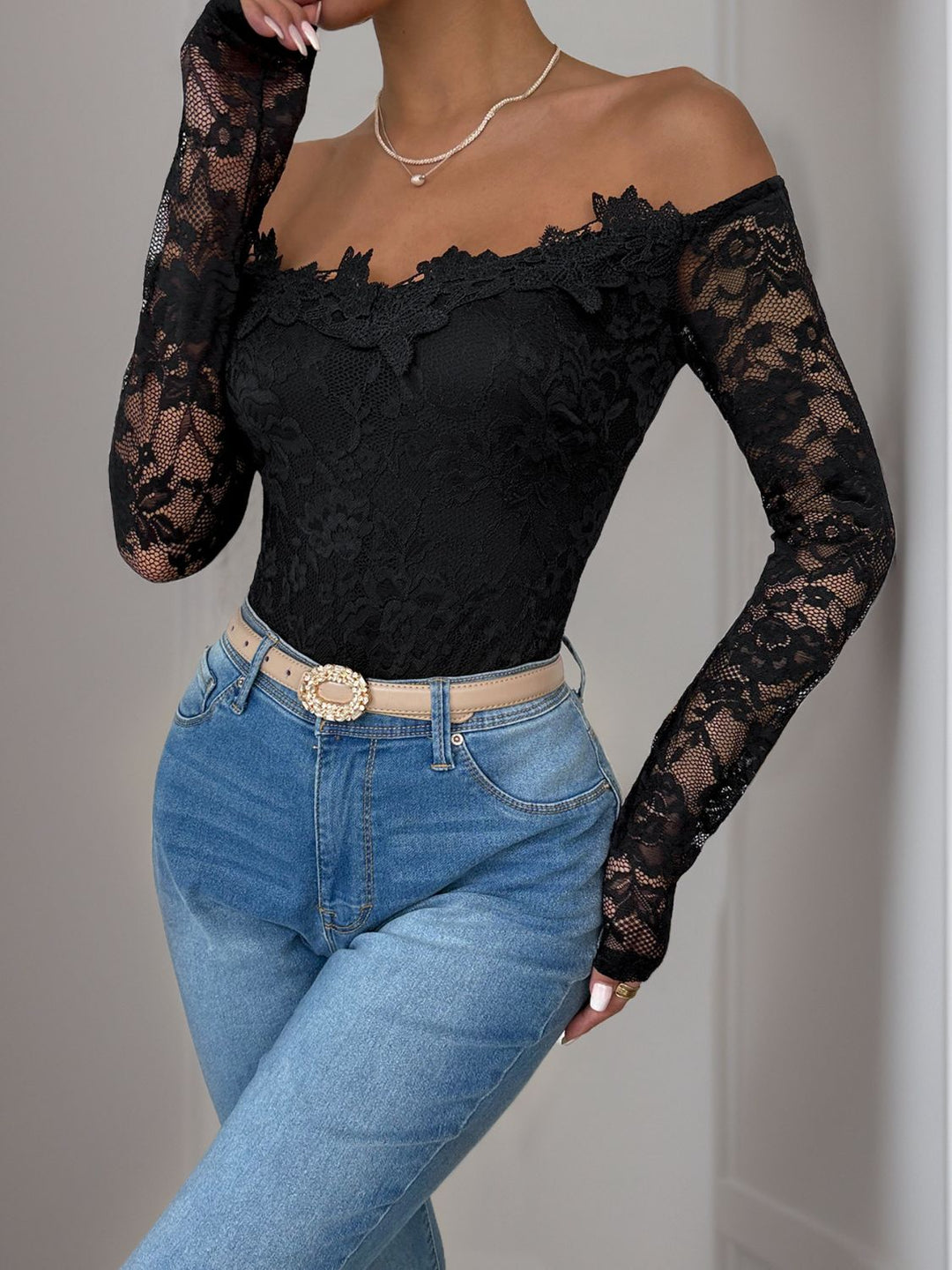 Elegant Lace Off-Shoulder Long Sleeve Bodysuit