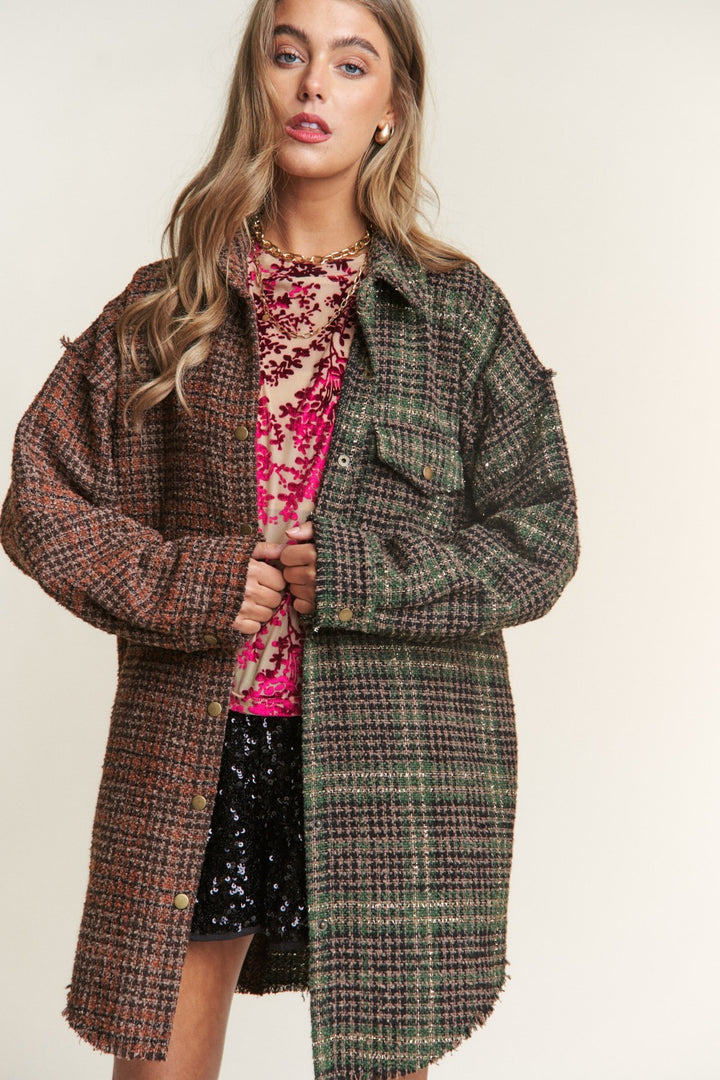 J.NNA Longline Tweed Plaid Shacket with Snap Down Closure