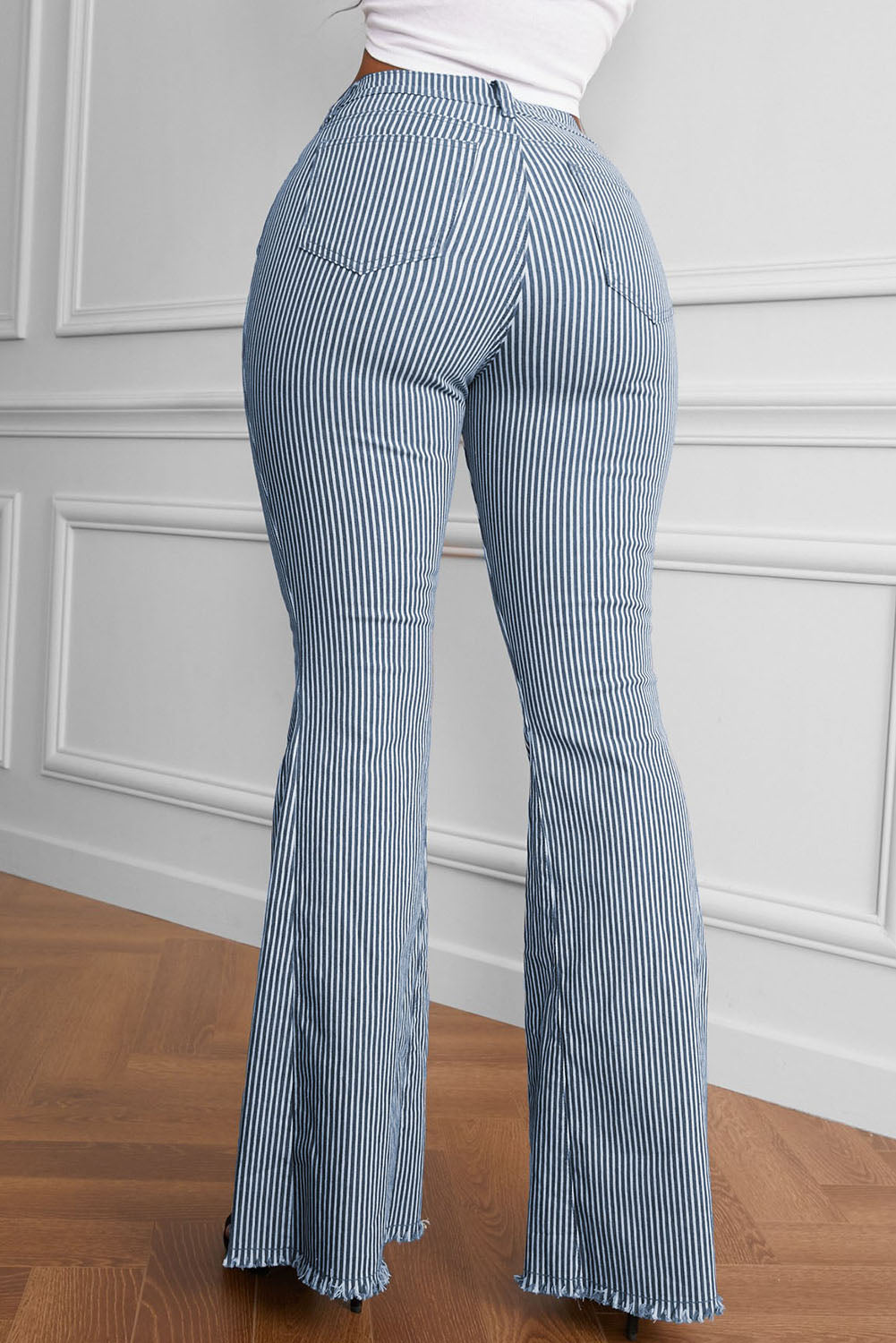 Fringe-Detailed Striped Bell Bottom Pants