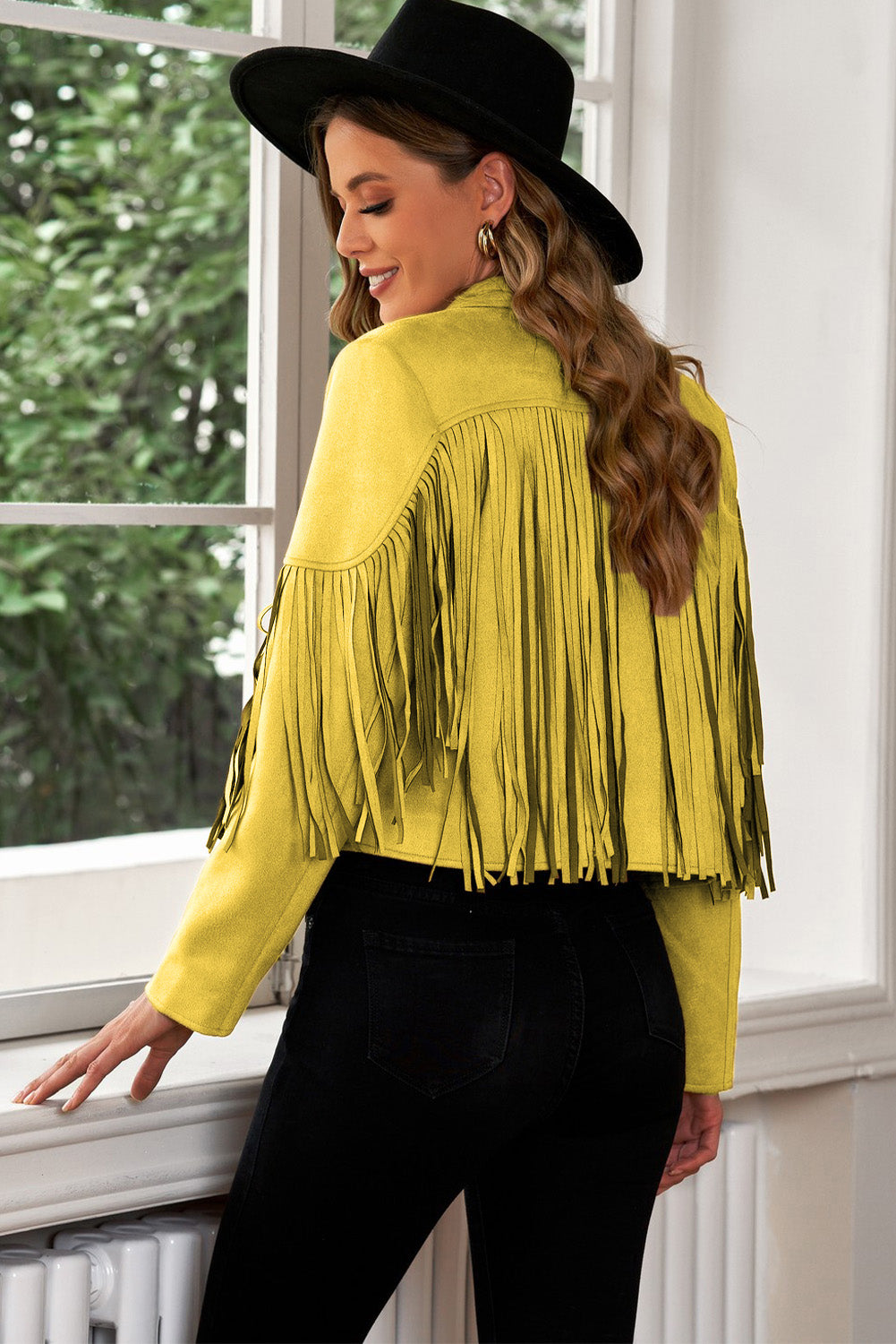 Fringe Detail Cropped Blazer with Lapel Collar