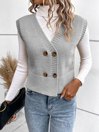 Full Size Button Up V-Neck Sweater Vest for Women