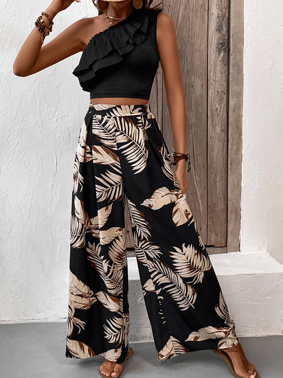 Elegant Ruffle and Print Pant Set for Chic Style