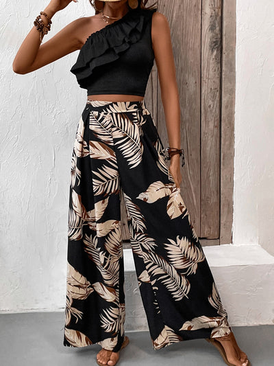 Elegant Ruffle and Print Pant Set for Chic Style