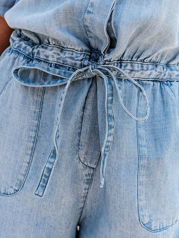 Trendy Half Button Denim Romper with Drawstring and Sleeves