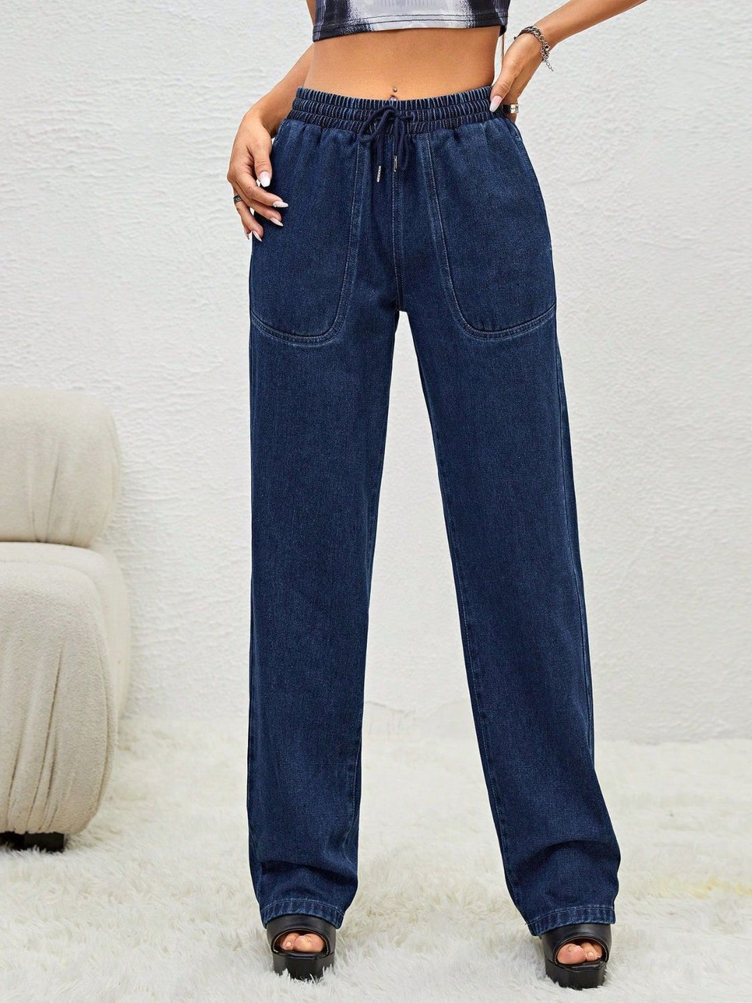 Adjustable Drawstring Waist Jeans with Functional Pockets