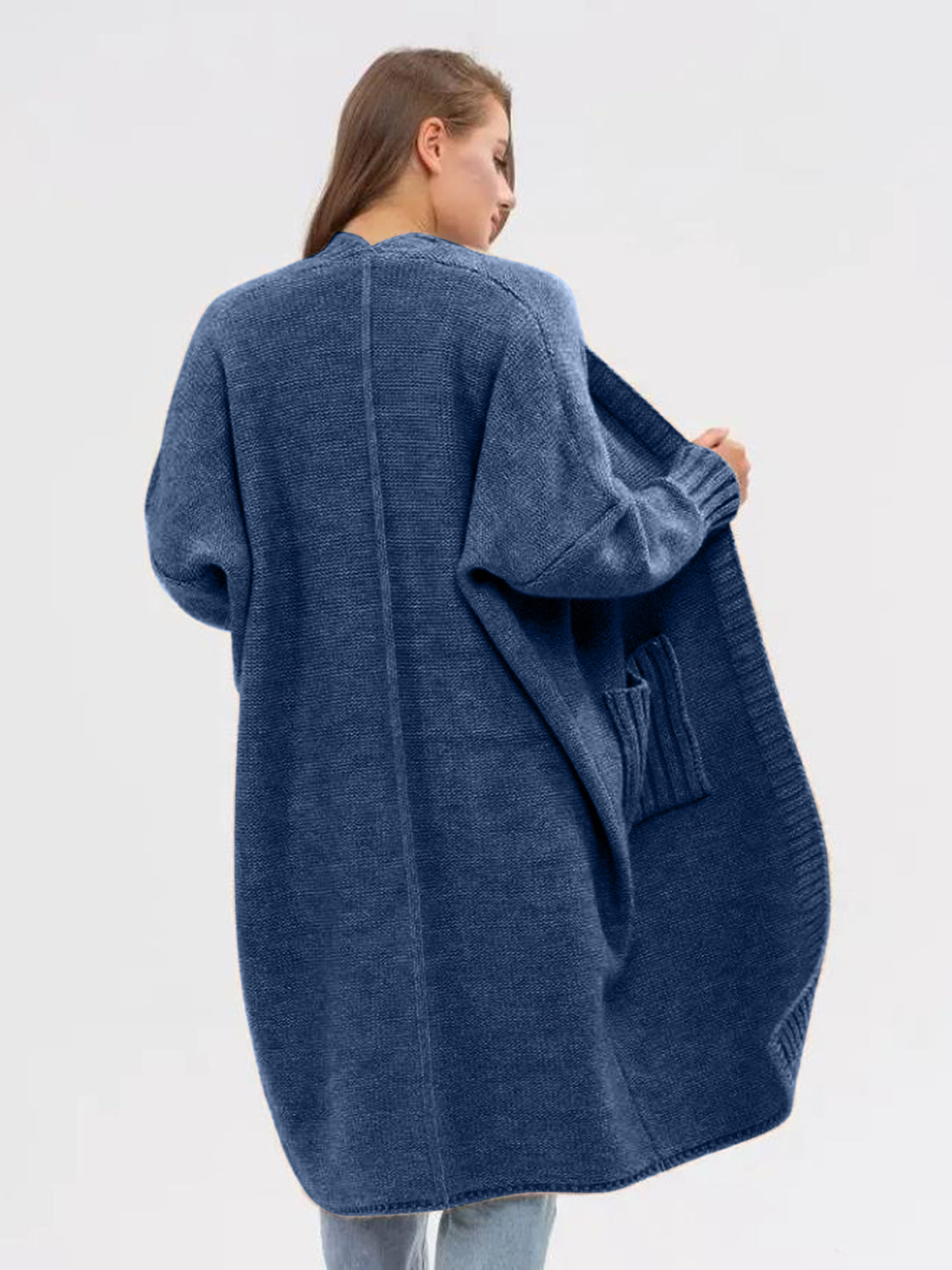 Pocketed Open Front Long Sleeve Longline Cardigan for Women