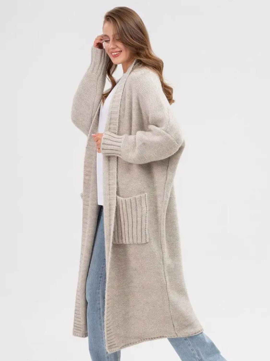 Pocketed Open Front Long Sleeve Longline Cardigan for Women