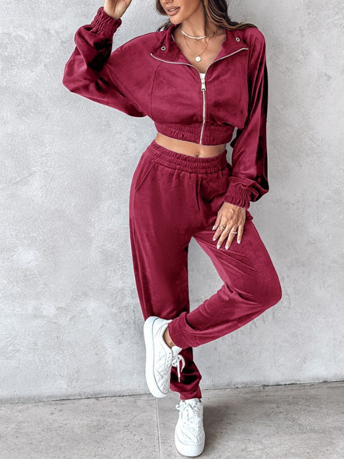 Cropped Zip-Up Long Sleeve Top and Jogger Set for Women