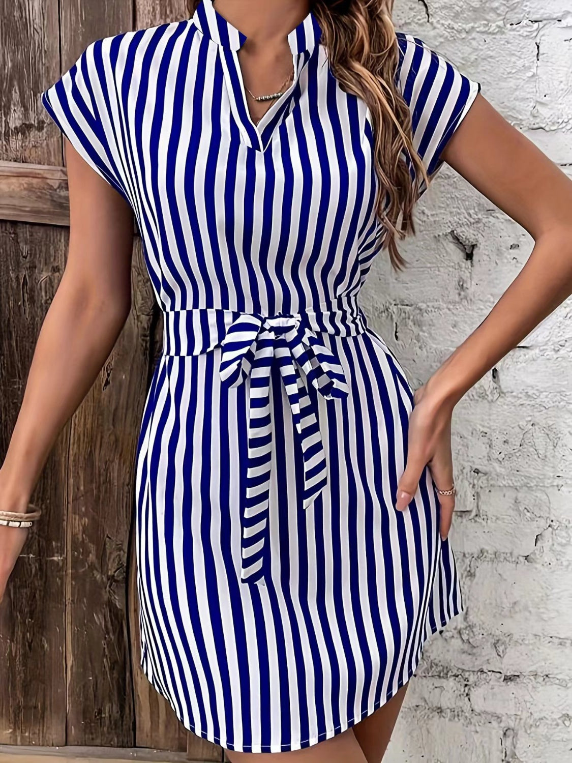 Cap Sleeve Mini Dress with Elegant Tied Striped Accent