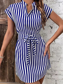 Cap Sleeve Mini Dress with Elegant Tied Striped Accent