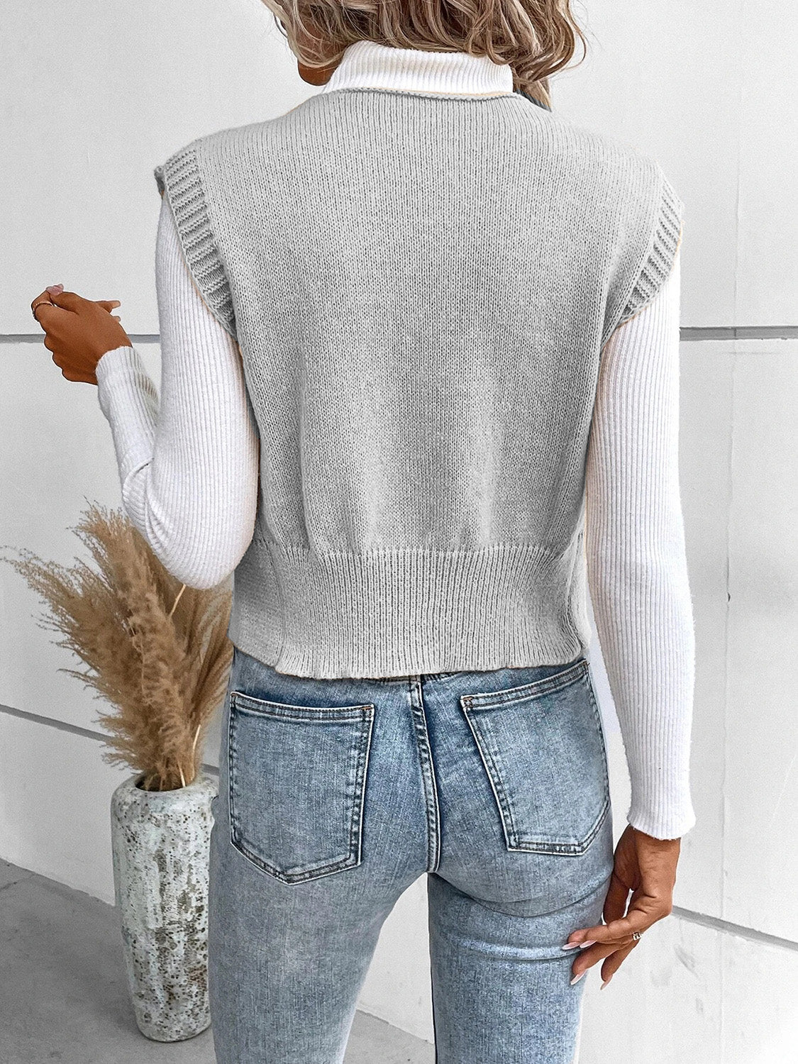 Full Size Button Up V-Neck Sweater Vest for Women