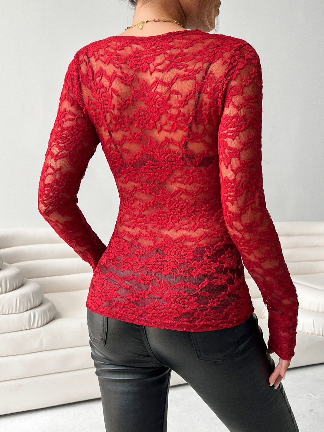 V-Neck Long Sleeve Lace Top for Women in Elegant Style