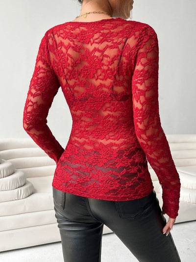 V-Neck Long Sleeve Lace Top for Women in Elegant Style