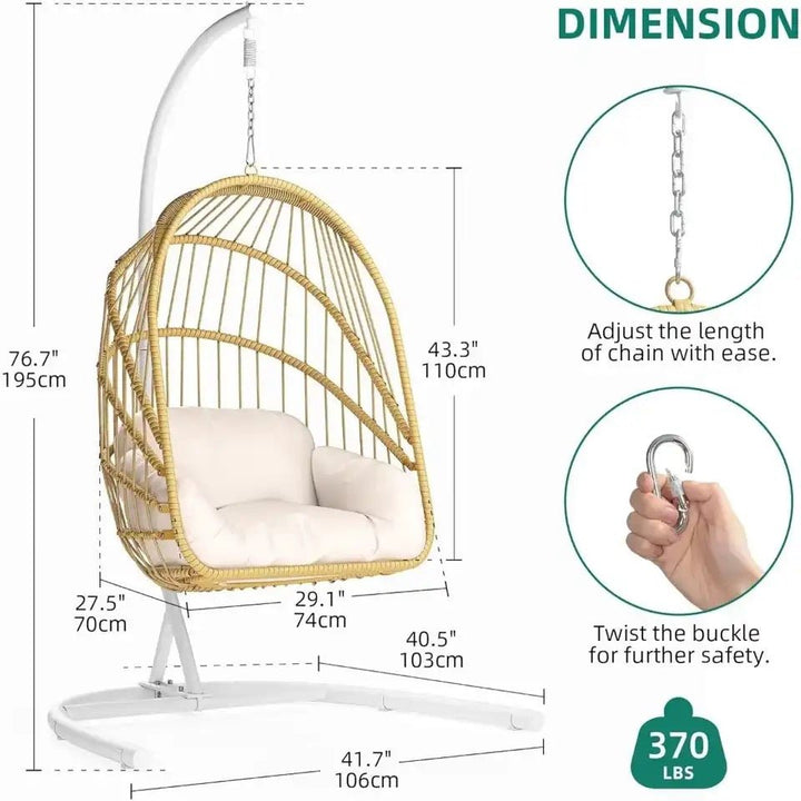 Deluxe Wicker Swing Egg Chair with Cushions – 370lb Capacity for Indoor and Patio Use in Bedrooms and Living Spaces