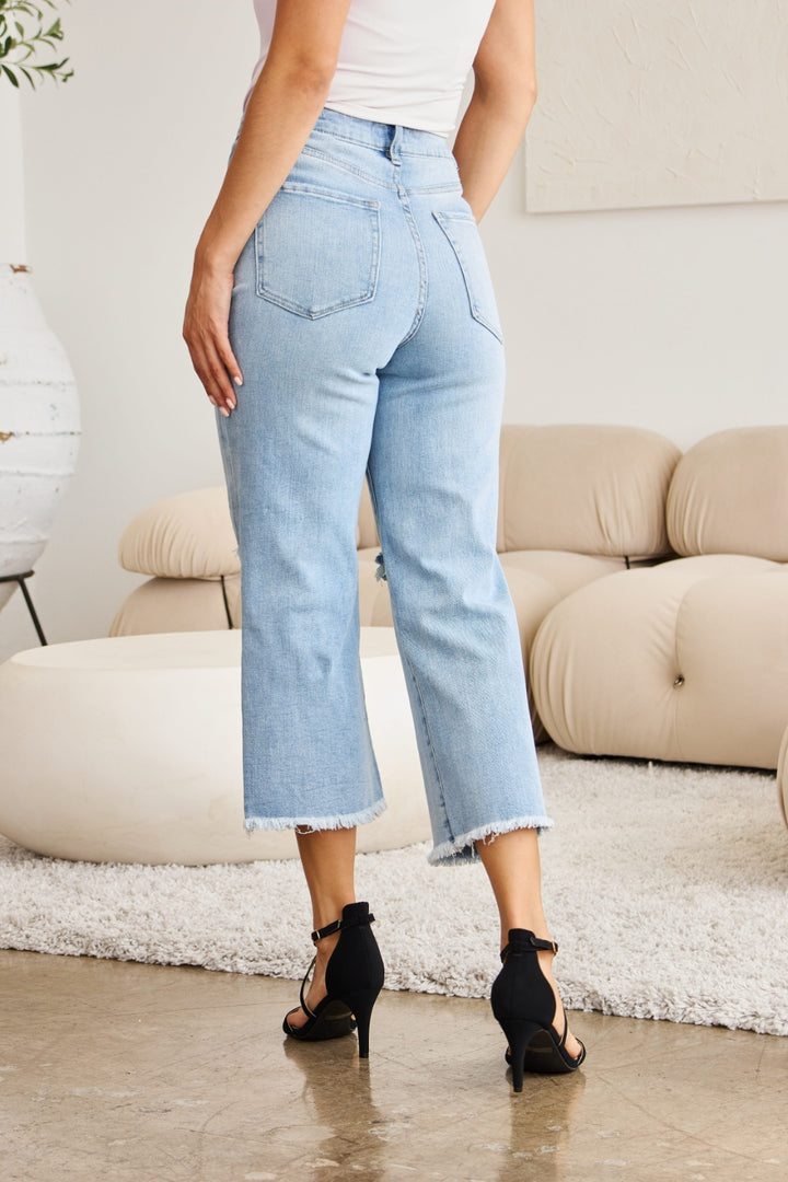 High Waist Distressed Tummy Control Jeans with Raw Hem Finish