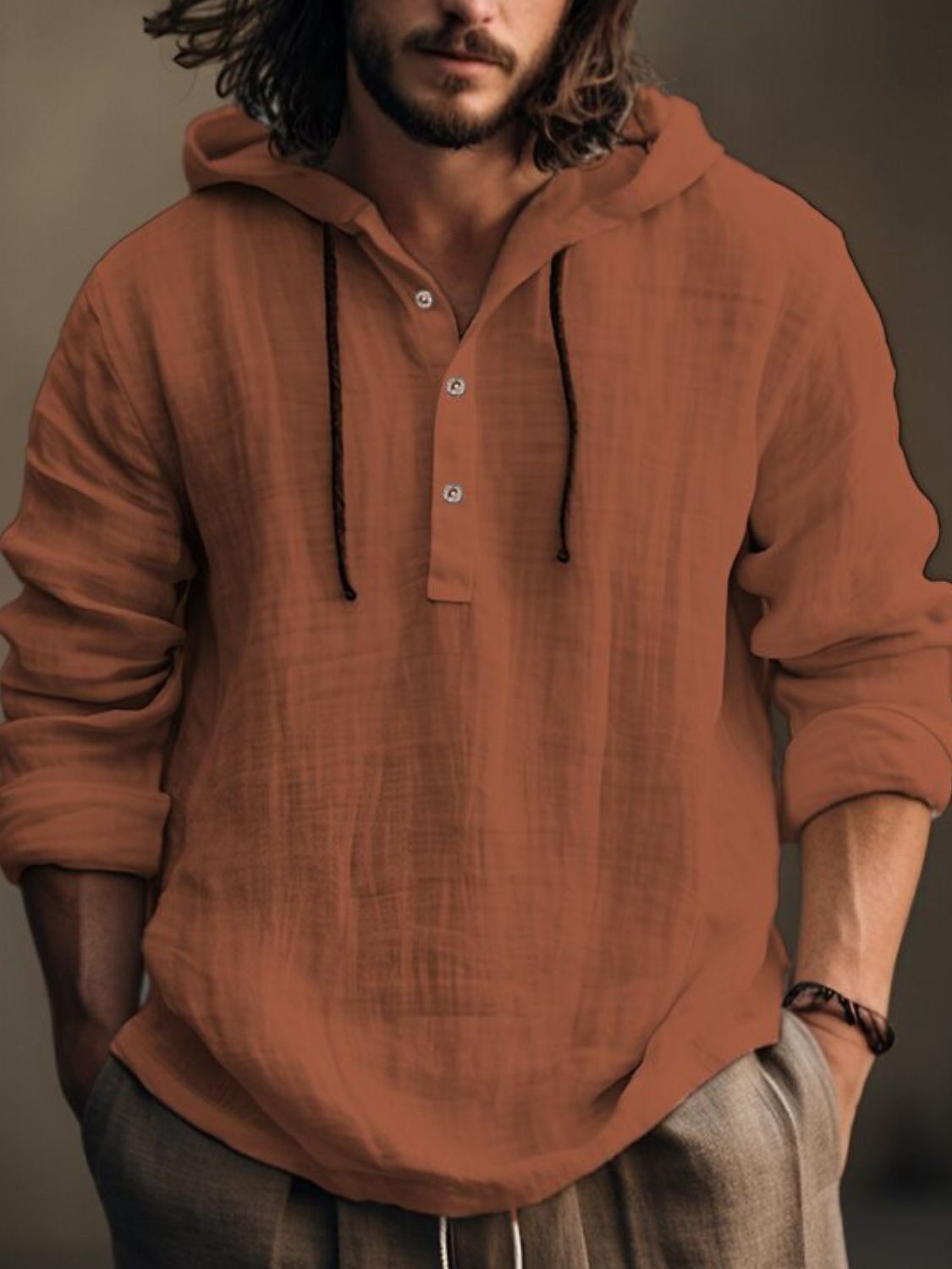 Men's Full Size Half Button Long Sleeve Hoodie for Comfort