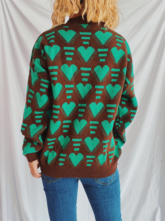 Charming Heart Contrast Oversized Sweater for Cozy Style