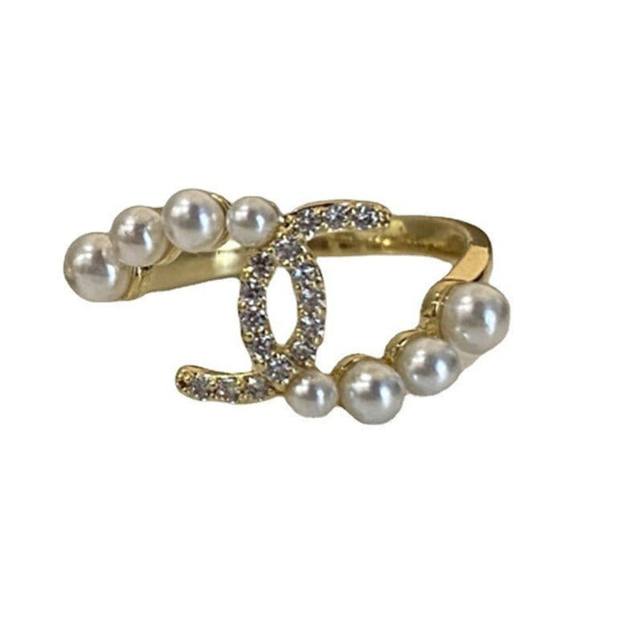 Diamond C-Shaped Cross Pearl Ring Women Index Finger Light Luxury Niche Design Senior Sense Of Fashion Personality Ins