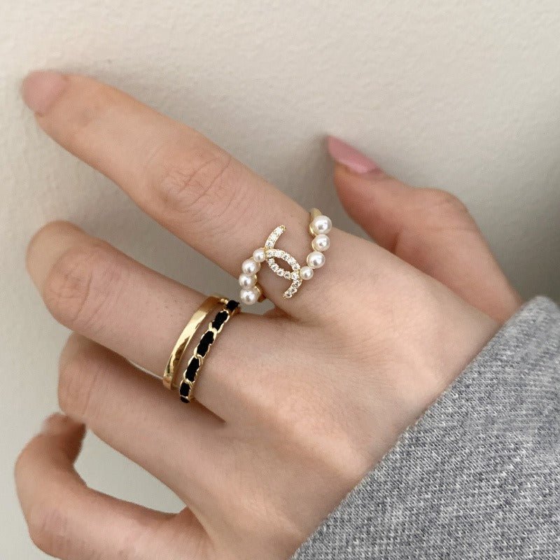 Diamond C-Shaped Cross Pearl Ring Women Index Finger Light Luxury Niche Design Senior Sense Of Fashion Personality Ins