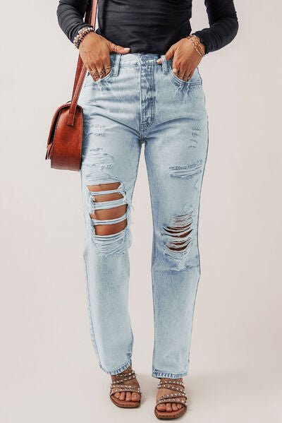 Chic Distressed Button-Up Jeans with Functional Pockets