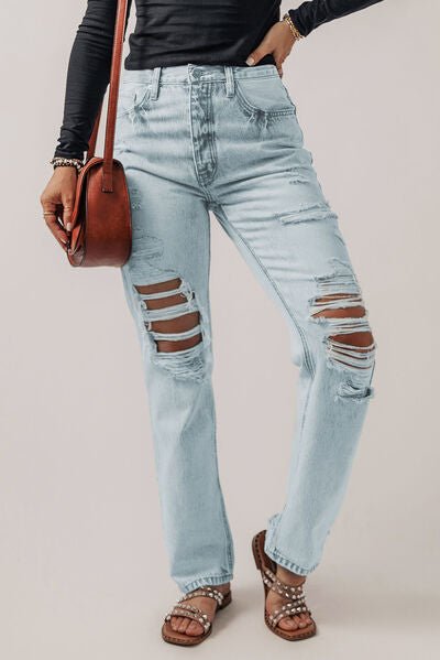 Chic Distressed Button-Up Jeans with Functional Pockets