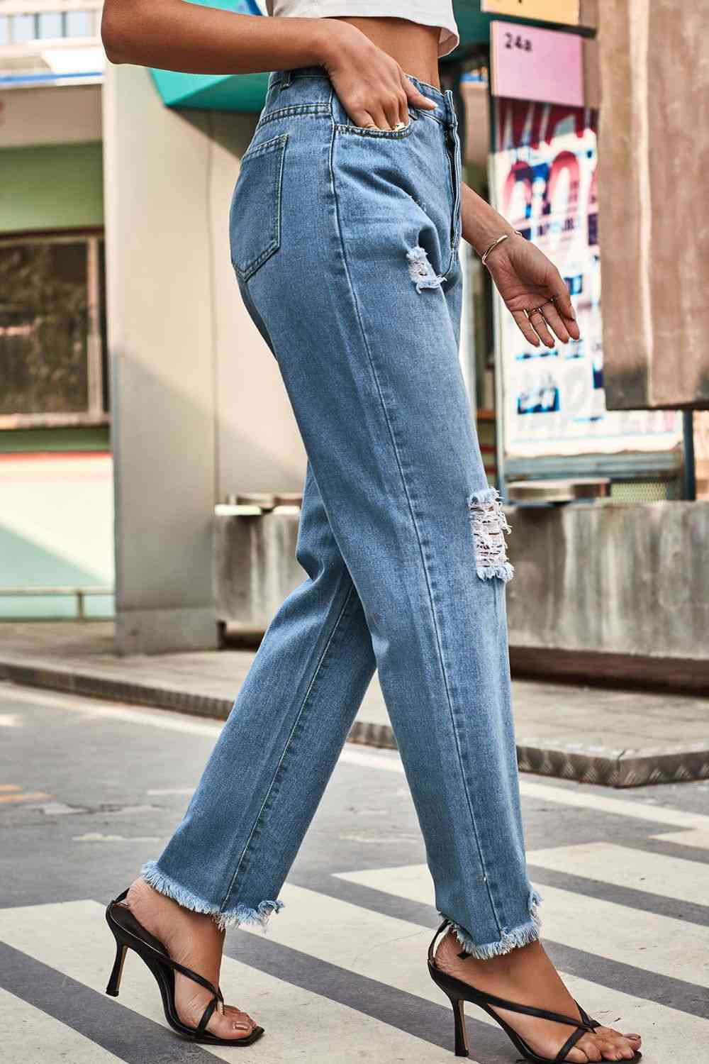 Distressed Relaxed Fit Button-Up Denim Jeans for Women