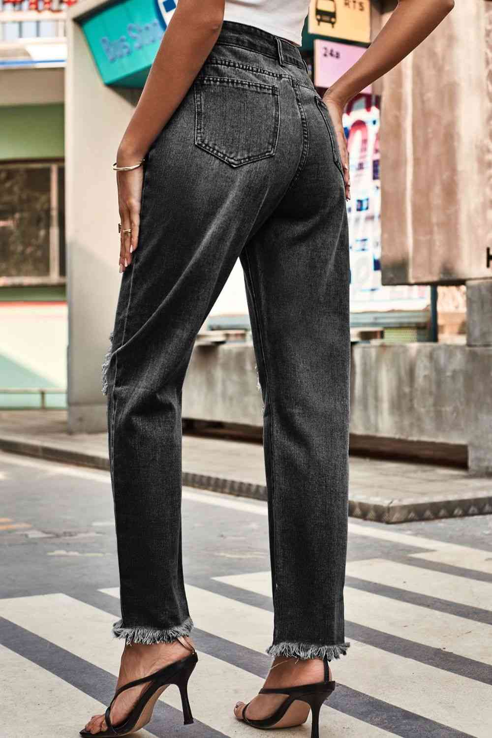 Distressed Relaxed Fit Button-Up Denim Jeans for Women