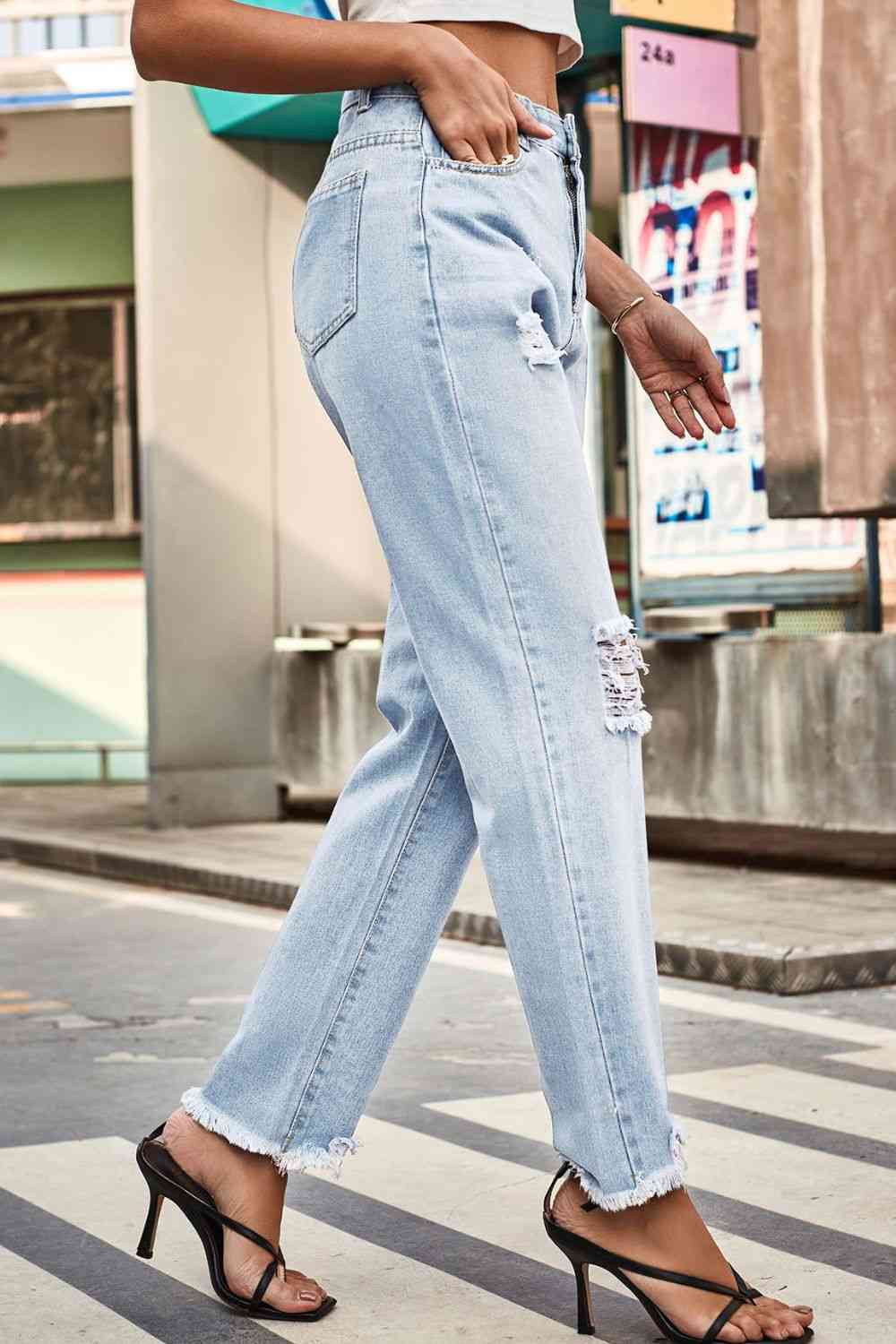 Distressed Relaxed Fit Button-Up Denim Jeans for Women