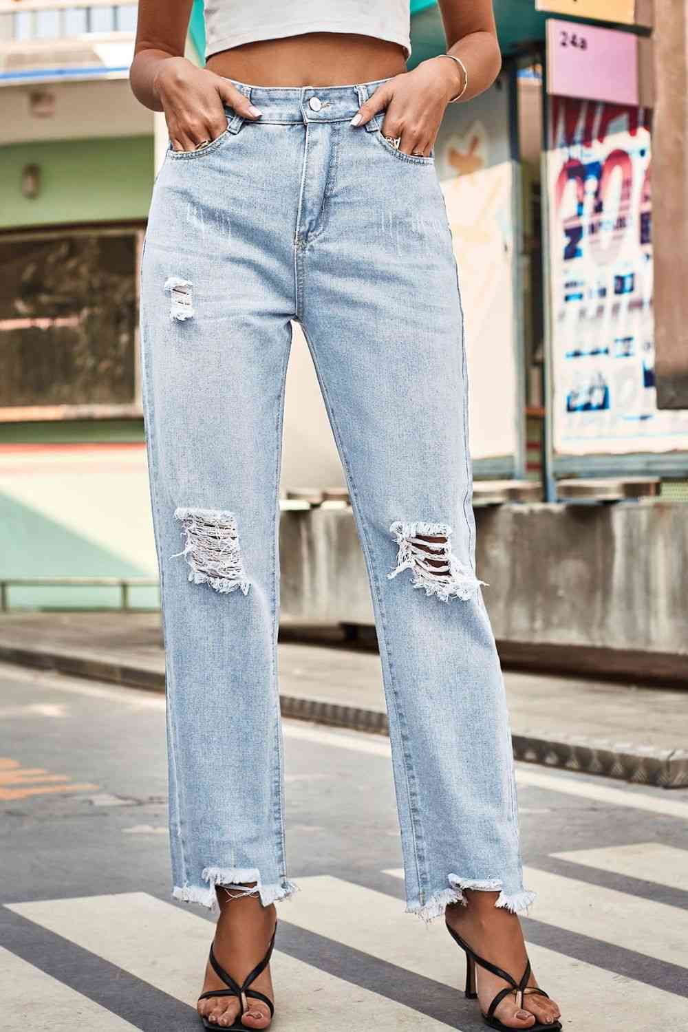 Distressed Relaxed Fit Button-Up Denim Jeans for Women