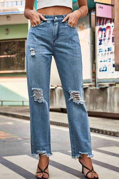 Distressed Relaxed Fit Button-Up Denim Jeans for Women