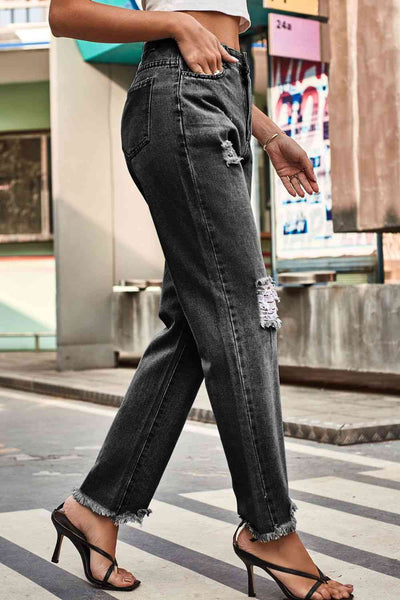 Distressed Relaxed Fit Button-Up Denim Jeans for Women