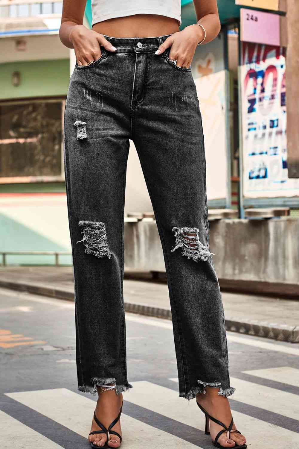 Distressed Relaxed Fit Button-Up Denim Jeans for Women