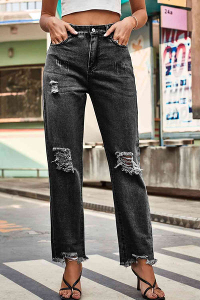 Distressed Relaxed Fit Button-Up Denim Jeans for Women