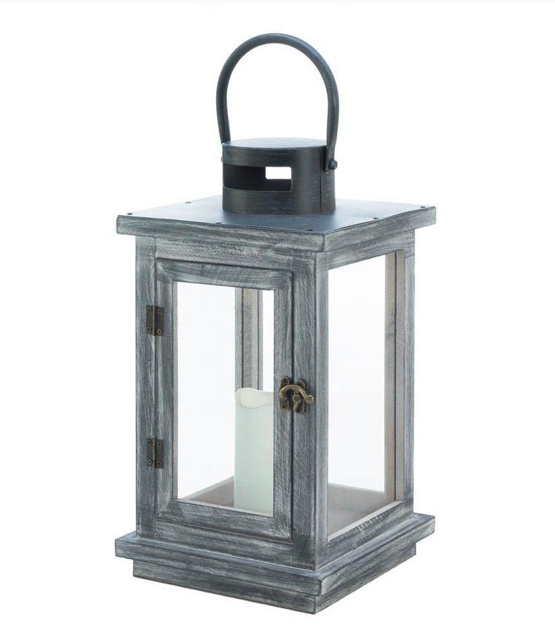 Distressed Gray Lantern with LED Candle