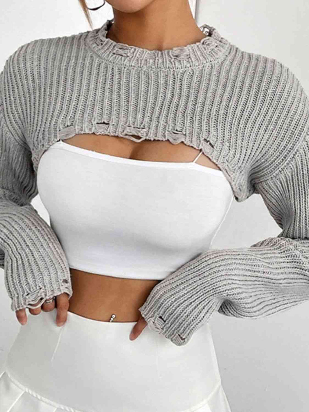 Chic Edgy Cropped Sweater with Distressed Detailing