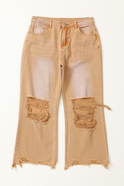 Chic Distressed Denim Jeans with Trendy Raw Hem and Practical Pockets