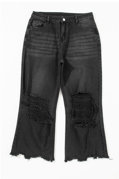 Chic Distressed Denim Jeans with Trendy Raw Hem and Practical Pockets