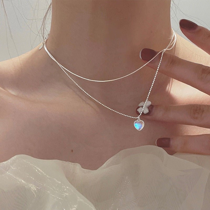 Double Design Love Moonstone Necklace Women's New Sweet Gradient Gemstone Heart-Shaped Collarbone Necklace