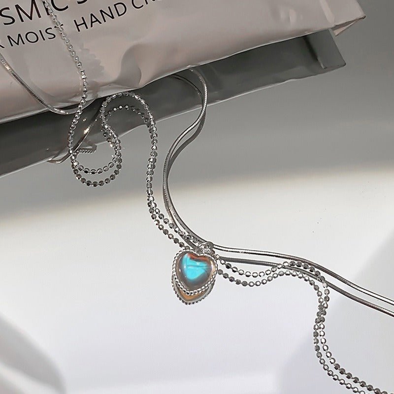 Double Design Love Moonstone Necklace Women's New Sweet Gradient Gemstone Heart-Shaped Collarbone Necklace